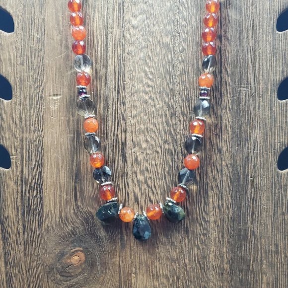 Jewelry - Hangs 15 Inches Slip On Sterling Silver Moss Agate And Smoky Quartz Stone Neckla